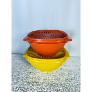 Vintage Tupperware Servalier Bowls with Sunburst Lids Orange Yellow Set of 2